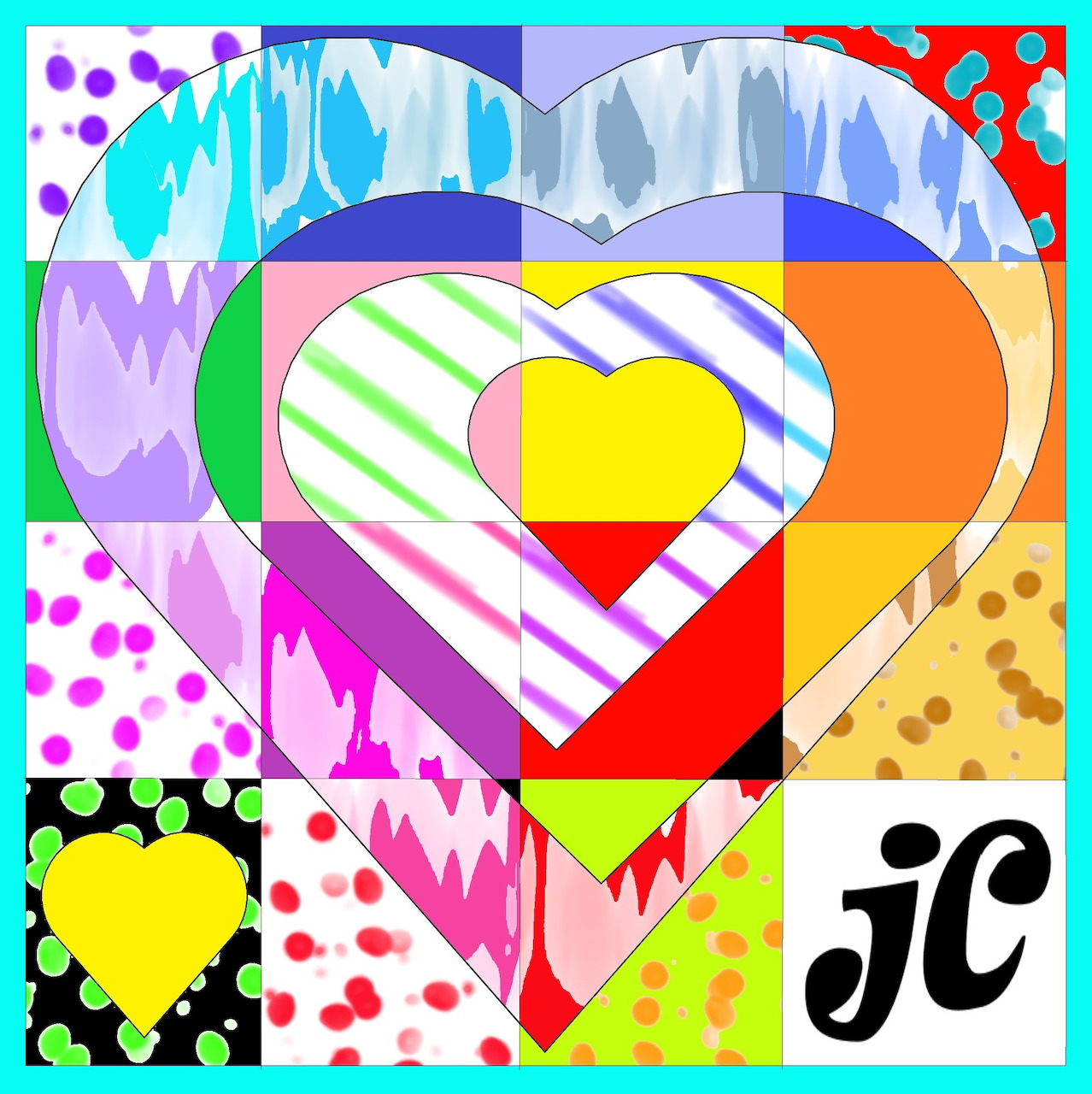 Colorful abstract heart collage with various patterns and textures in a grid layout