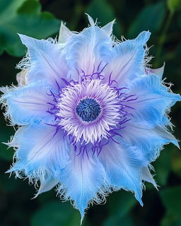 Close-up of a blue and lavender clematis flower with feathery fringed petals and detailed purple center