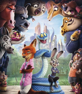Zootopia animated movie poster showing diverse animal characters in front of cityscape with fountain