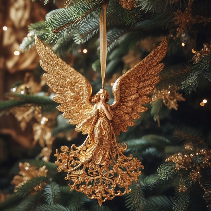 Golden angel ornament with detailed wings on a Christmas tree