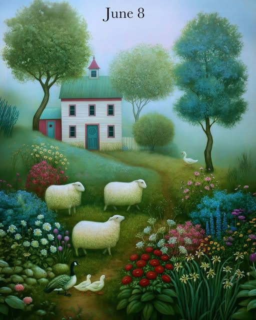 Folk art painting of white farmhouse with sheep and flowers on misty hillside