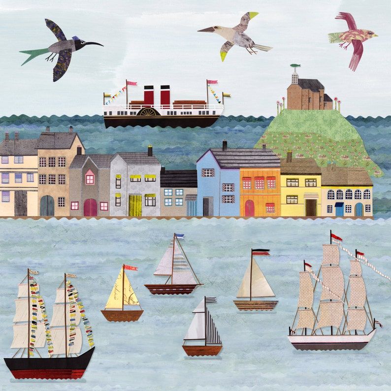 Illustrated harbor with sailboats, colorful houses, a ferry, and birds over the water