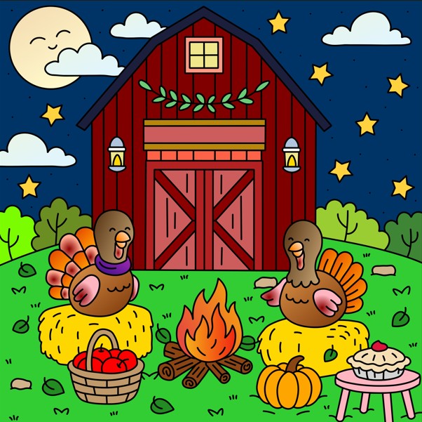 Cartoon Thanksgiving scene with turkeys, red barn, campfire, pumpkin, pie, and stars at night