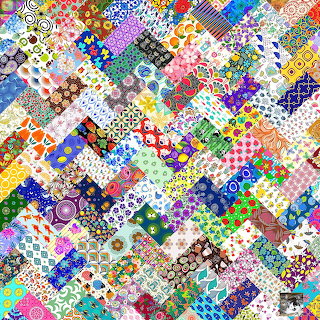 Colorful patchwork quilt with many patterned fabric squares in a diagonal collage