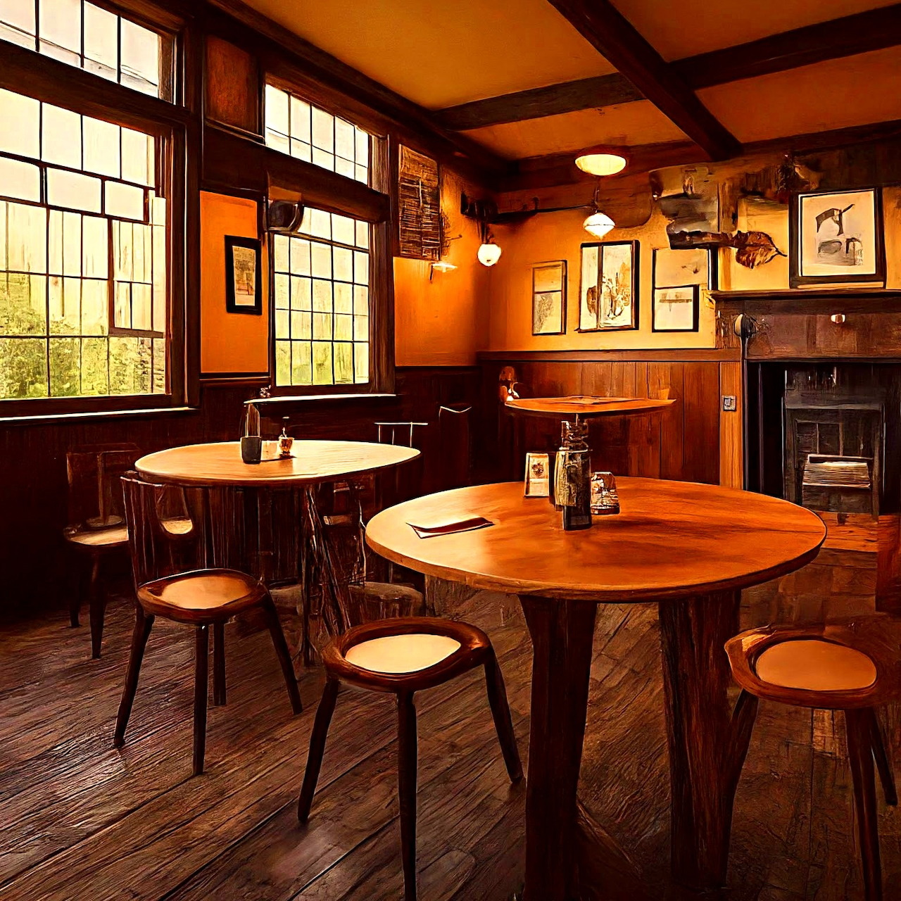 Cozy English pub interior with wooden furniture, warm lighting, exposed beams, and framed pictures on orange walls