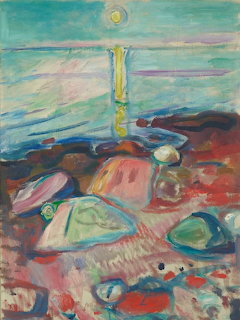 Abstract painting of a rocky coast with water, moonlight, and pastel blue, pink, and red tones
