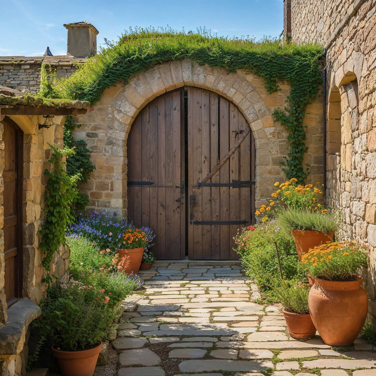 Arched wooden door in stone courtyard with ivy, potted plants, and cobblestone path under blue sky