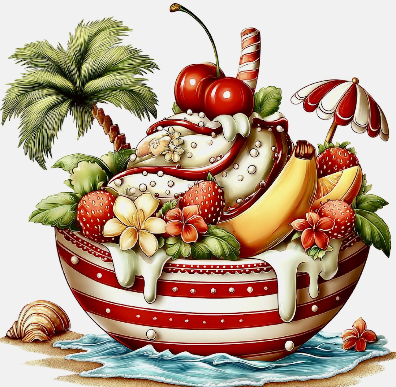 Colorful illustrated banana split dessert with fruit, ice cream, palm tree decoration and umbrella