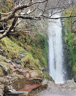 Tall waterfall flowing down a mossy rock face with bare trees and stone steps in the foreground