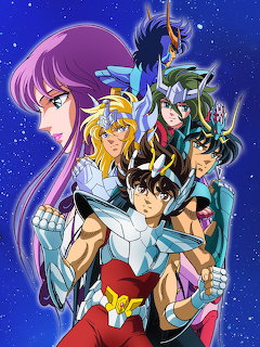 Five Saint Seiya anime characters in ornate armor posed heroically against a blue starry sky background