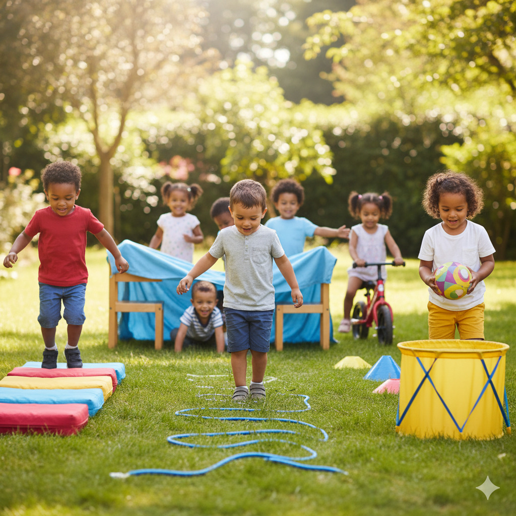 Young children playing on a sunny lawn with hoops, stepping pads, and outdoor toys