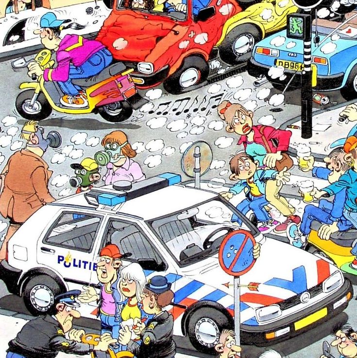 Cartoon street scene with police cars, a red car, a scooter, and pedestrians in traffic