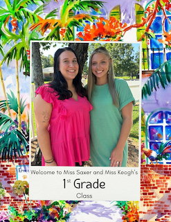 Two women smiling in front of palm tree backdrop on a first grade class welcome card