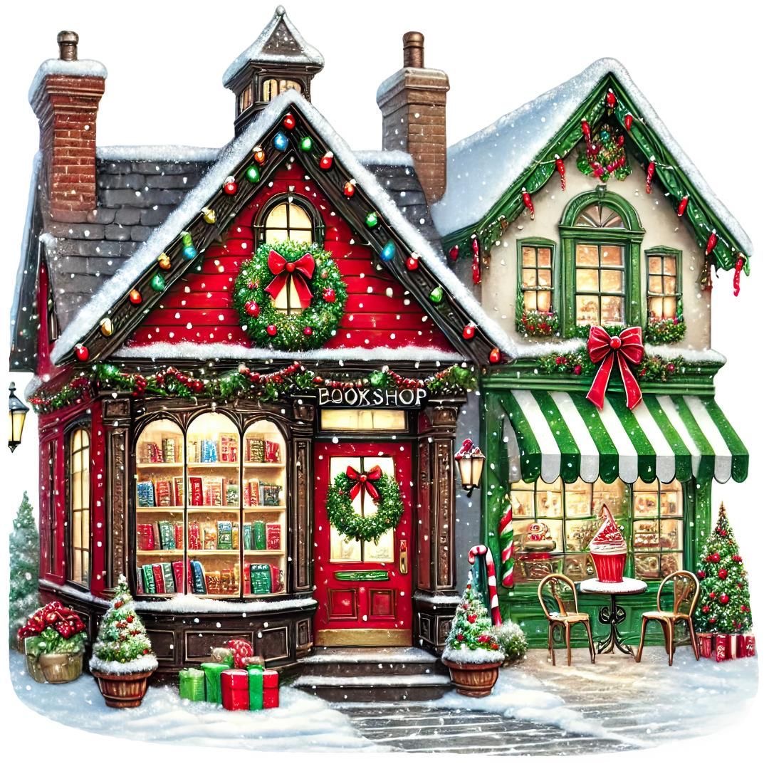Festive Christmas cottage with red gingerbread-style decorations, green striped awning, snow, and holiday ornaments