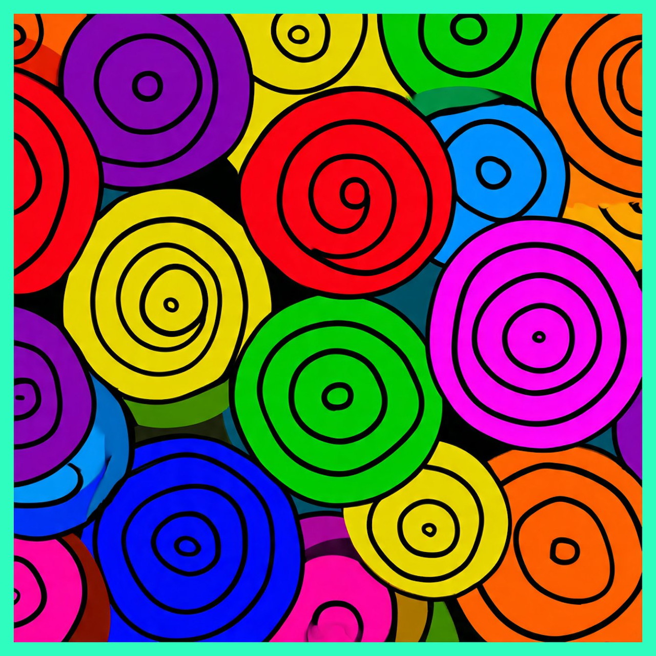 Abstract art with colorful overlapping circles featuring spiral patterns in bright rainbow colors
