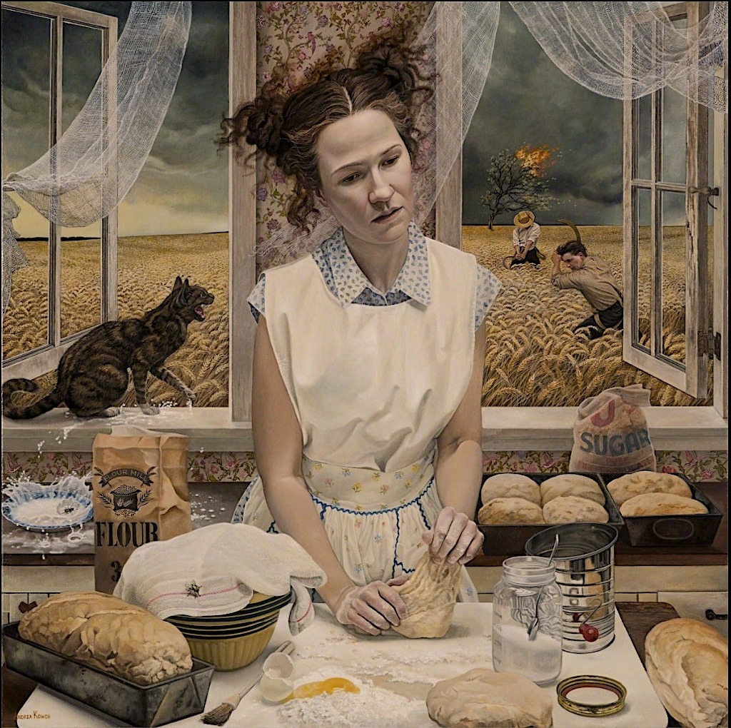 Painting of a woman kneading dough at a kitchen table beside open windows with bread and flour