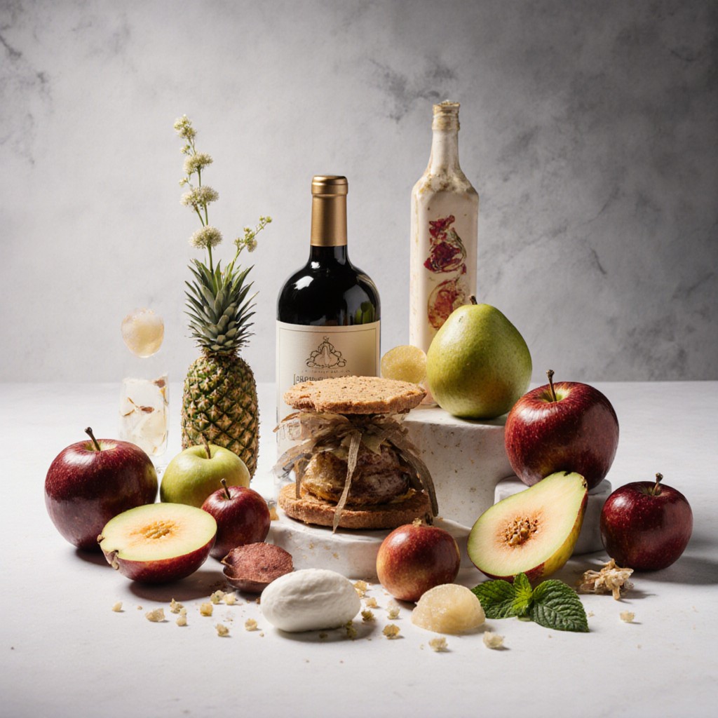 Still life with wine bottles, pineapple, apples, pear, and natural elements arranged on white surface