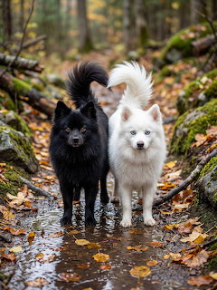 Black and white fluffy dogs standing on a wet forest trail with fallen leaves
