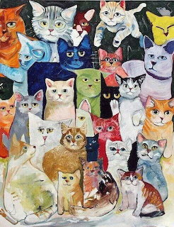 Colorful painting of many cats gathered together in a group portrait