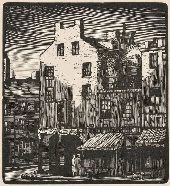 Black-and-white etching of old Boston houses, storefront awnings, pedestrians, and a cat.
