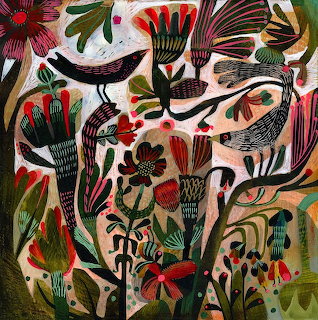 Colorful abstract illustration with stylized flowers, leaves, birds, and organic shapes