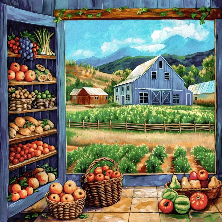 Painting of a farmhouse and fields seen through a pantry window with shelves and baskets of fruit and vegetables