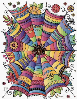 Colorful mandala spider web with rainbow stripes and decorative patterns
