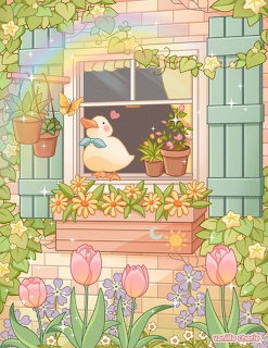 White duck in window with green shutters, pink cottage wall, climbing vines, tulips and flowers in garden setting