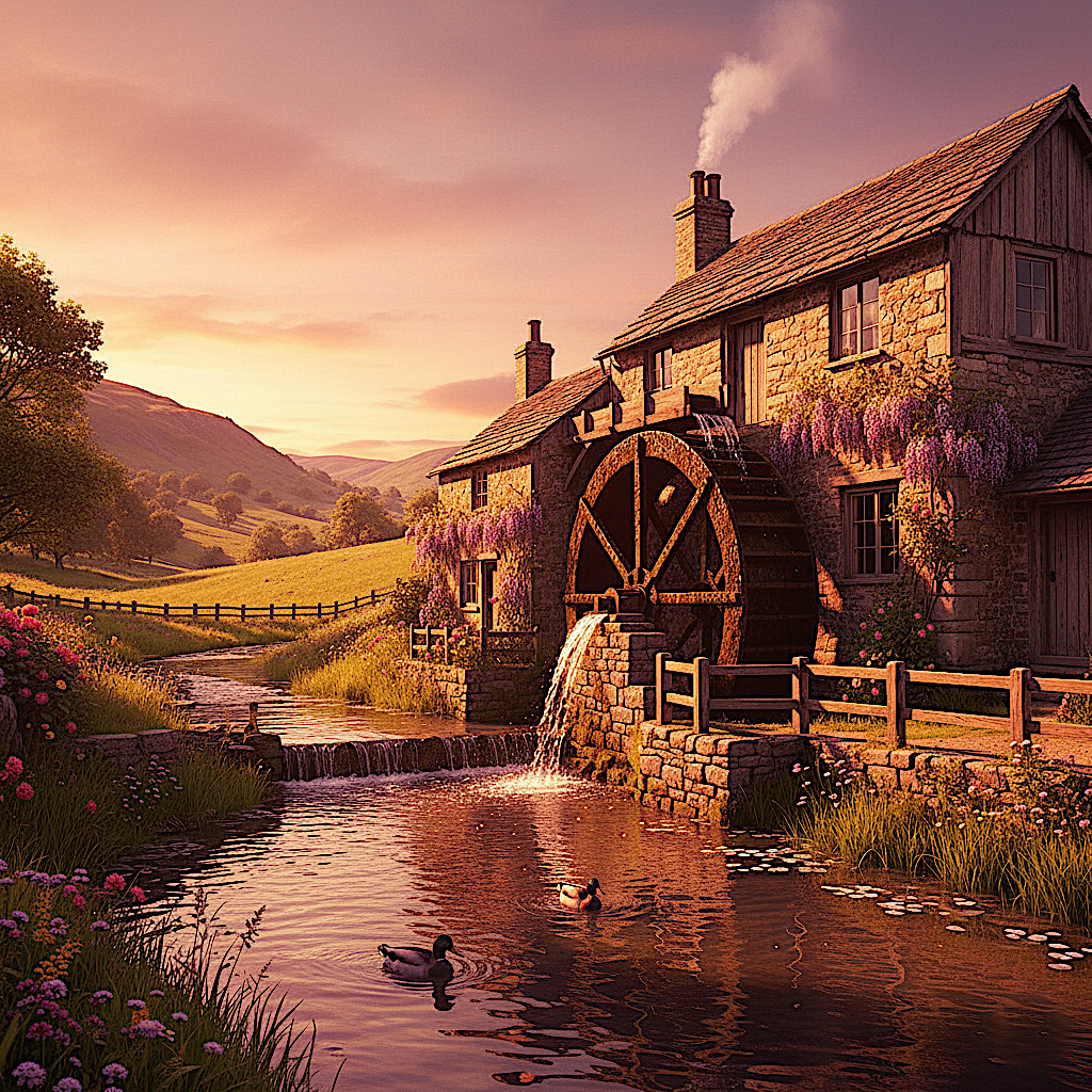 Rustic stone watermill with large wooden water wheel beside stream at sunset in English countryside