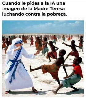 Meme of Mother Teresa in white and blue sari appearing to fight children on a sandy beach with Spanish caption
