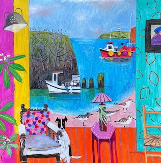 Colorful seaside painting with small boats seen through an open room interior