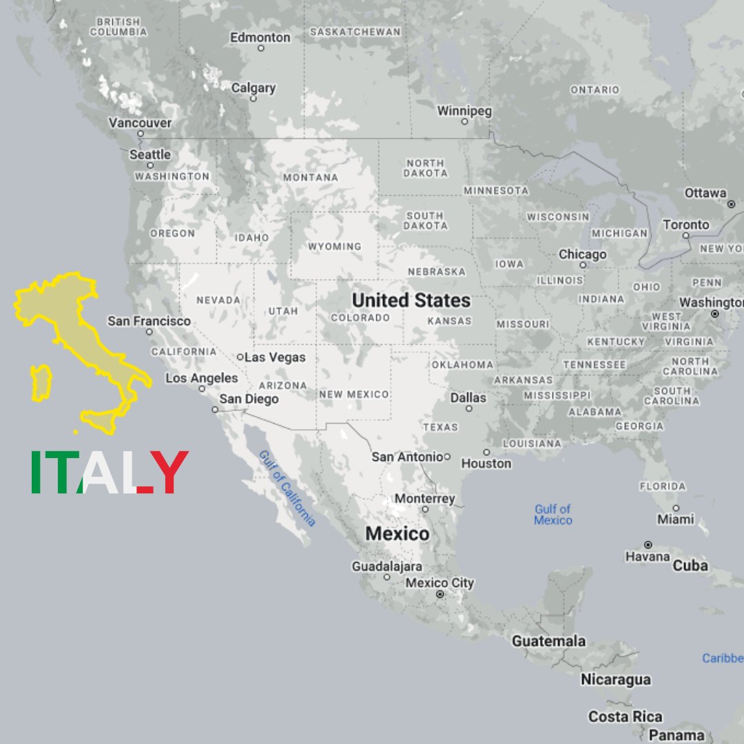 Map of the western United States with a yellow outline of Italy near California