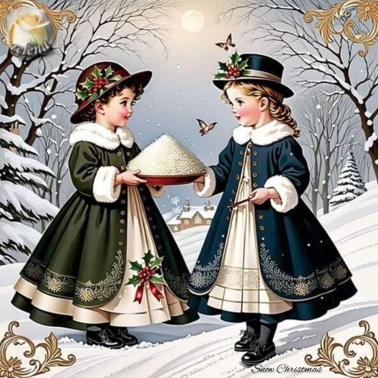 Vintage illustration of two girls in winter clothing standing in snow