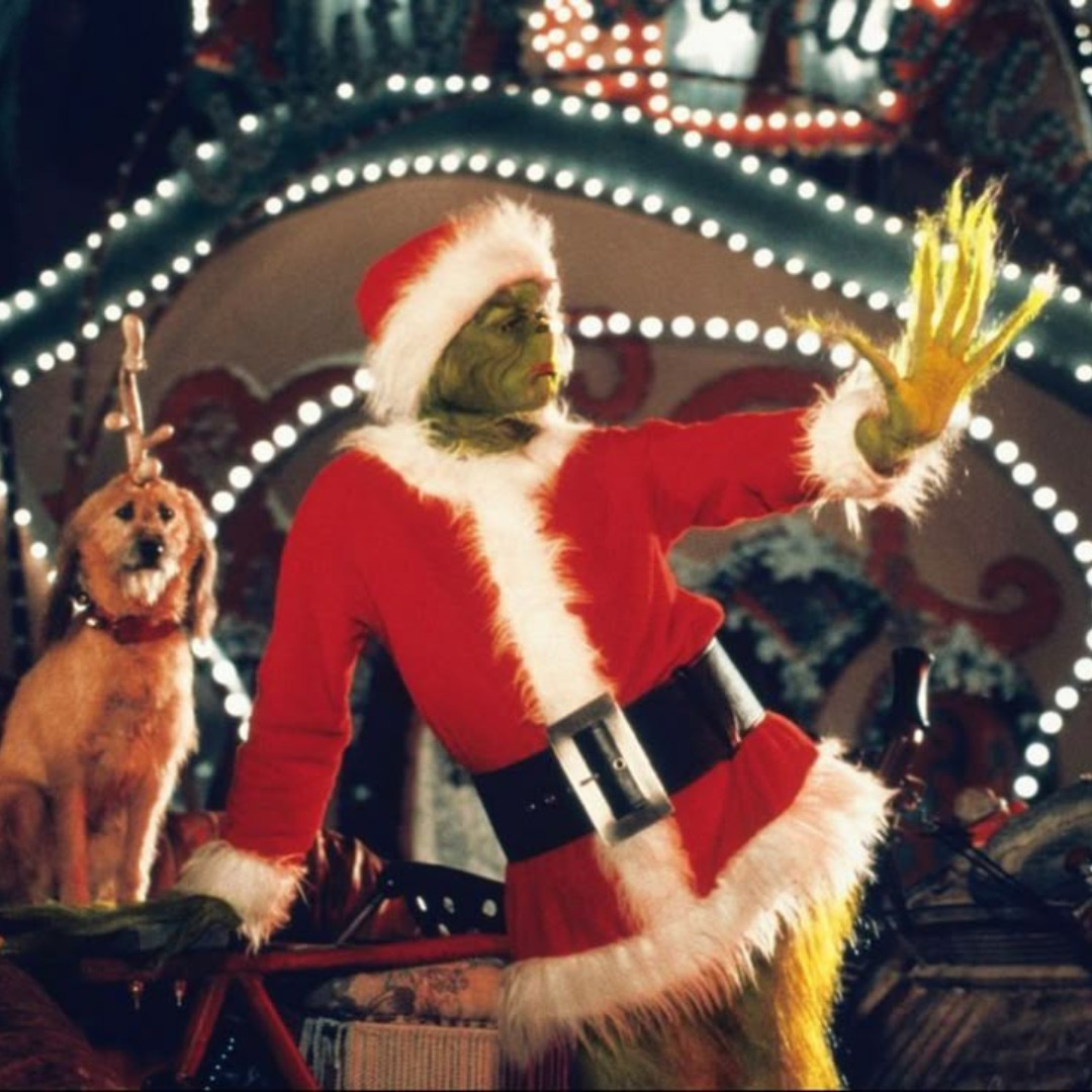 The Grinch in Santa costume holding ornament with Christmas lights and dog