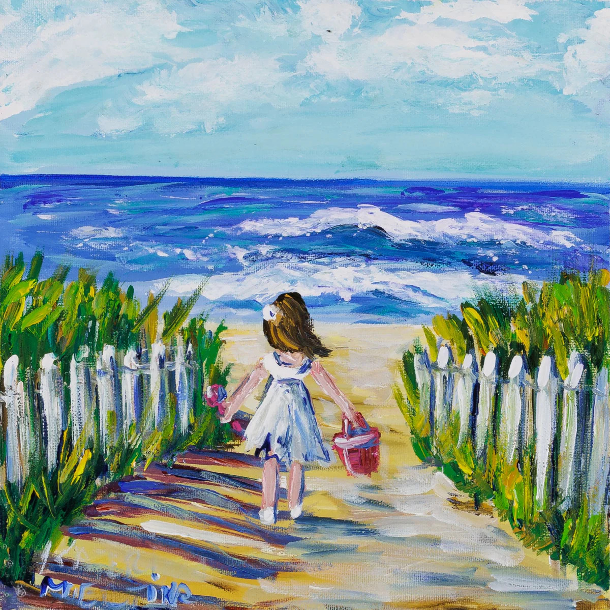 Folk art painting of girl in white dress walking on beach path toward ocean with basket