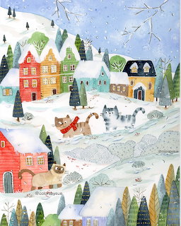 Watercolor illustration of a snowy village with colorful houses, pine trees, and cats in a winter landscape