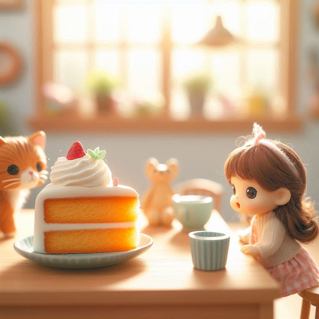 Cute doll and cat figurine beside a layered cake slice and tiny cups on a table