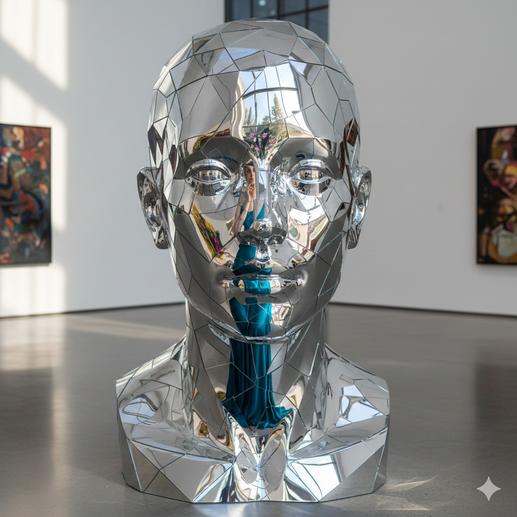 Shiny chrome sculpture of a human head with faceted geometric surface in an art gallery