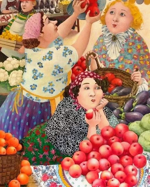 Whimsical painting of women at a market with apples, eggplants, oranges, and cauliflower