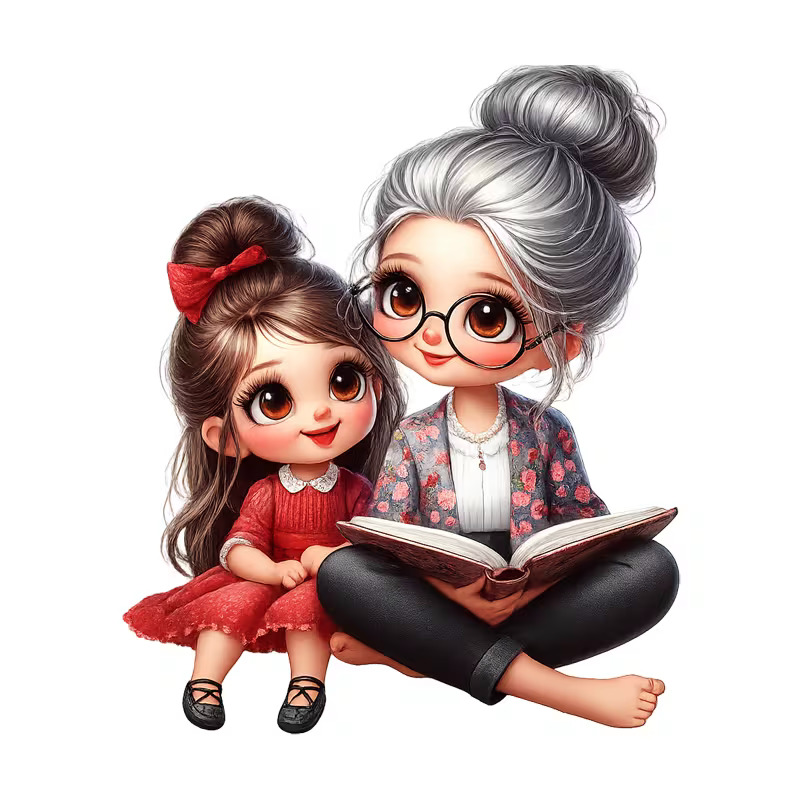 Illustrated grandmother reading book to young granddaughter with red bow sitting together