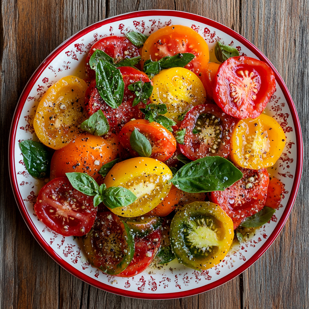 Colorful sliced heirloom tomatoes with fresh basil on white plate with red rim over weathered wood background