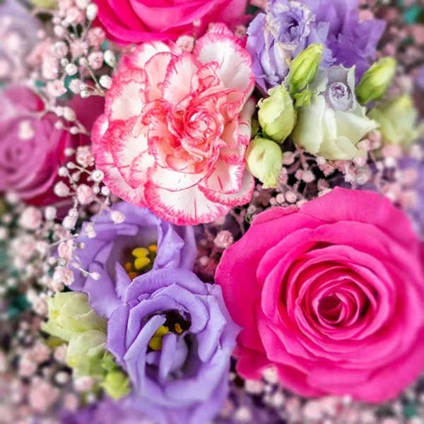 Colorful flower bouquet with pink roses, purple lisianthus, carnations, and delicate white baby's breath