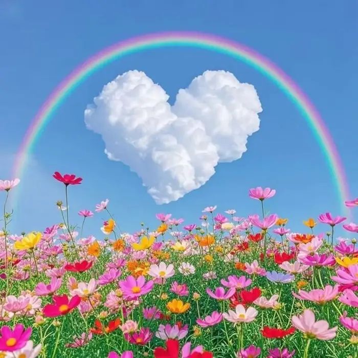 Heart-shaped cloud with rainbow over colorful wildflower field against blue sky