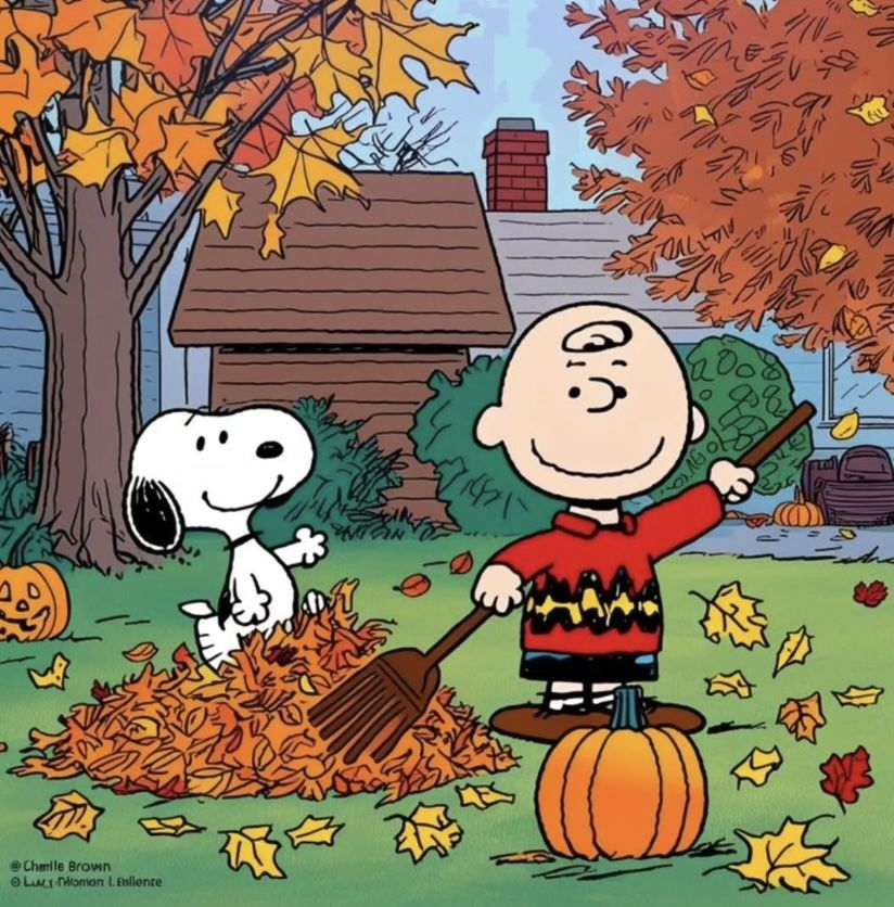 Charlie Brown and Snoopy in a cartoon yard with pumpkins, raking and playing in autumn leaves
