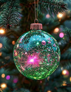 Sparkling turquoise Christmas ornament hanging on evergreen tree with blurred colorful lights