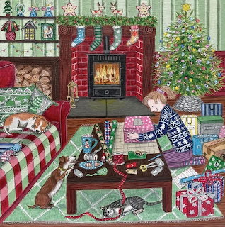 Children opening Christmas gifts by fireplace with decorated tree and stockings in cozy living room