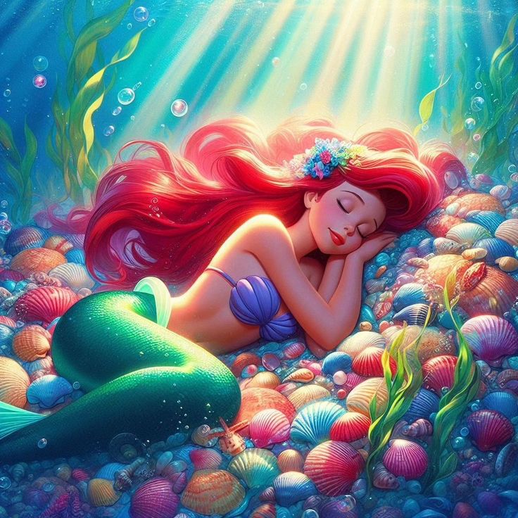 Red-haired mermaid with green tail sleeping on bed of colorful seashells underwater with sunlight streaming through water
