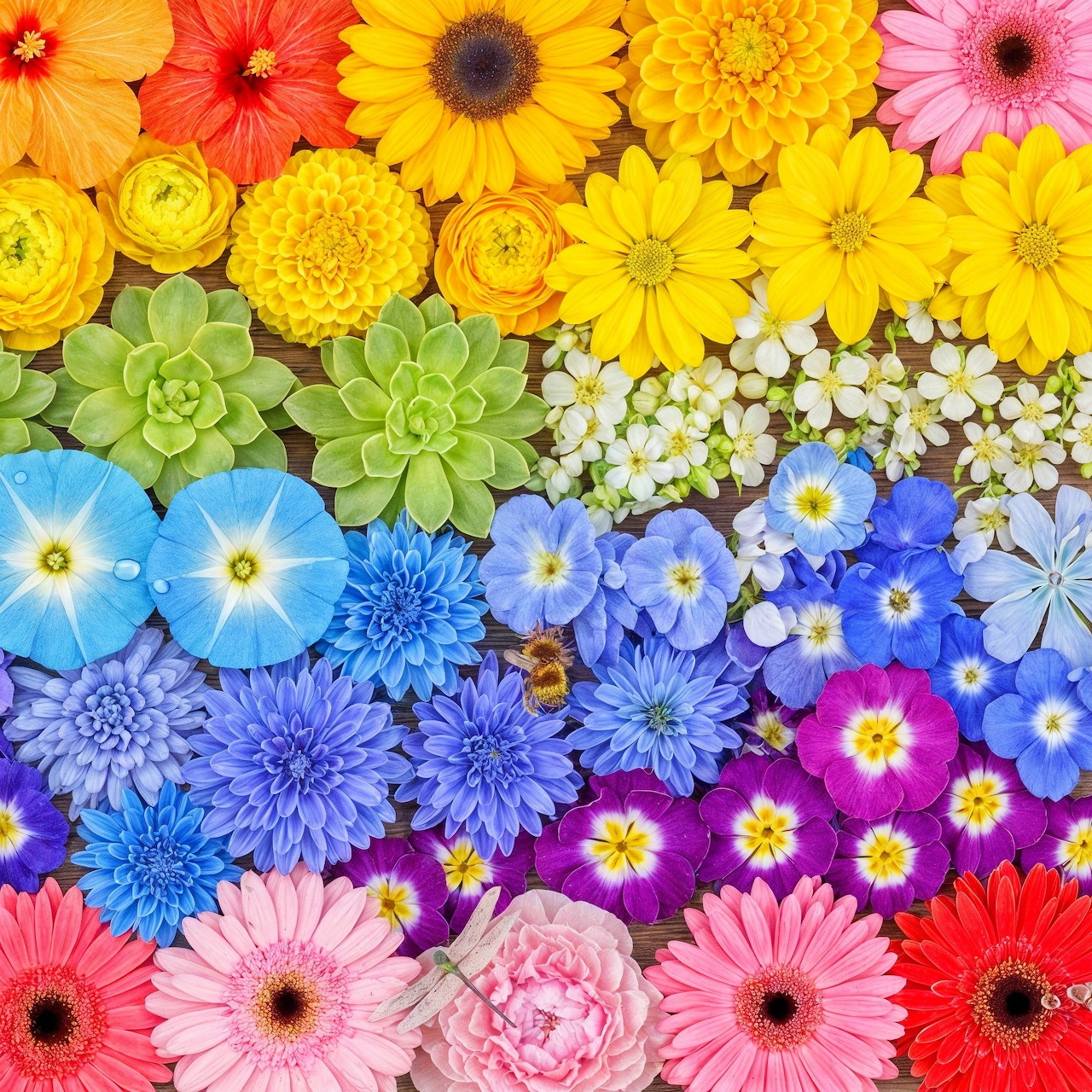 Colorful flowers arranged in horizontal rainbow stripes from orange, yellow, green, blue to pink and red