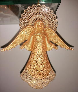 Gold filigree angel Christmas ornament with lace halo and glittery base