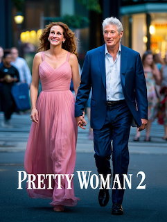 Man in suit and woman in pink dress walking on city street at night with Pretty Woman 2 text